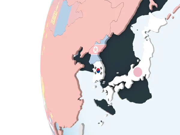 Corea Del Sur Brillante Globo Político Con Bandera Incrustada Ilustración —  Fotos de Stock