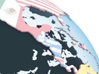 Belize katıştırılmış bayrak ile parlak siyasi dünya üzerinde. 3D çizim.