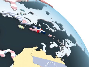 Dominik Cumhuriyeti katıştırılmış bayrak ile parlak siyasi dünya üzerinde. 3D çizim.