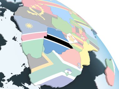 Botsvana katıştırılmış bayrak ile parlak siyasi dünya üzerinde. 3D çizim.