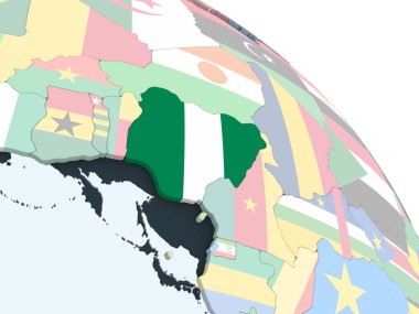 Nijerya katıştırılmış bayrak ile parlak siyasi dünya üzerinde. 3D çizim.