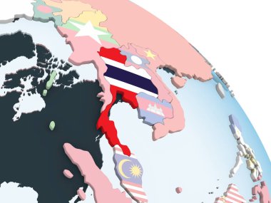 Tayland katıştırılmış bayrak ile parlak siyasi dünya üzerinde. 3D çizim.