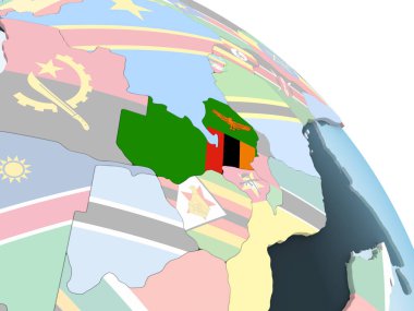 Zambiya katıştırılmış bayrak ile parlak siyasi dünya üzerinde. 3D çizim.