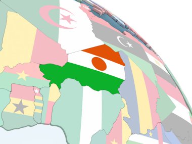 Nijer katıştırılmış bayrak ile parlak siyasi dünya üzerinde. 3D çizim.