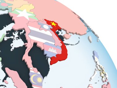 Vietnam katıştırılmış bayrak ile parlak siyasi dünya üzerinde. 3D çizim.