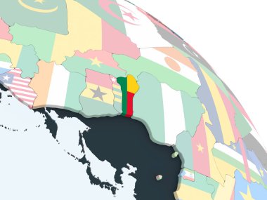 Benin katıştırılmış bayrak ile parlak siyasi dünya üzerinde. 3D çizim.