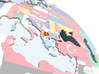 Makedonya katıştırılmış bayrak ile parlak siyasi dünya üzerinde. 3D çizim.