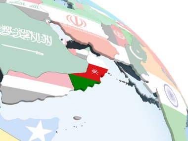 Umman katıştırılmış bayrak ile parlak siyasi dünya üzerinde. 3D çizim.