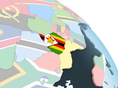 Zimbabve katıştırılmış bayrak ile parlak siyasi dünya üzerinde. 3D çizim.