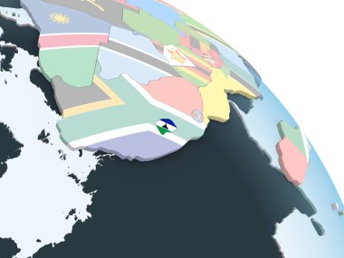 Lesotho katıştırılmış bayrak ile parlak siyasi dünya üzerinde. 3D çizim.