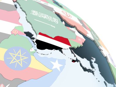 Yemen katıştırılmış bayrak ile parlak siyasi dünya üzerinde. 3D çizim.