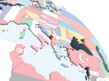 Karadağ katıştırılmış bayrak ile parlak siyasi dünya üzerinde. 3D çizim.