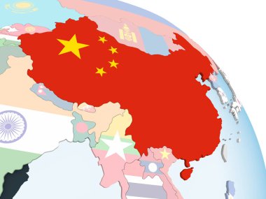 Çin katıştırılmış bayrak ile parlak siyasi dünya üzerinde. 3D çizim.