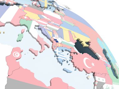 Kosova katıştırılmış bayrak ile parlak siyasi dünya üzerinde. 3D çizim.