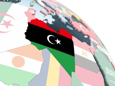 Libya katıştırılmış bayrak ile parlak siyasi dünya üzerinde. 3D çizim.