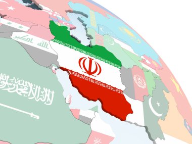 Iran katıştırılmış bayrak ile parlak siyasi dünya üzerinde. 3D çizim.