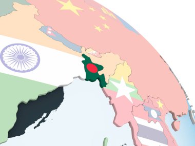 Bangladeş katıştırılmış bayrak ile parlak siyasi dünya üzerinde. 3D çizim.