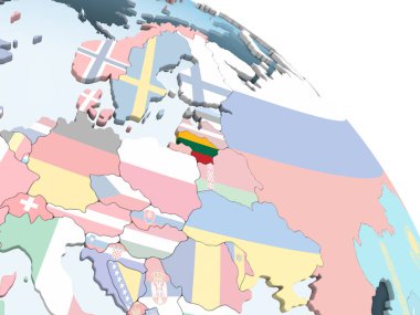 Litvanya katıştırılmış bayrak ile parlak siyasi dünya üzerinde. 3D çizim.