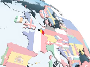 Belçika katıştırılmış bayrak ile parlak siyasi dünya üzerinde. 3D çizim.