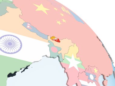 Bhutan katıştırılmış bayrak ile parlak siyasi dünya üzerinde. 3D çizim.