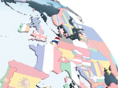 Hollanda katıştırılmış bayrak ile parlak siyasi dünya üzerinde. 3D çizim.