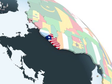 Liberya katıştırılmış bayrak ile parlak siyasi dünya üzerinde. 3D çizim.