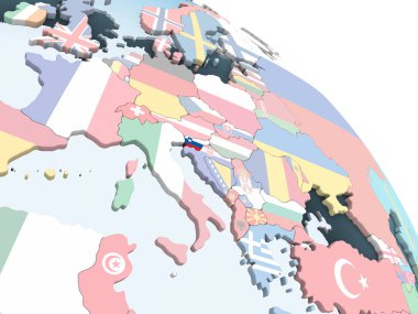 Slovenya katıştırılmış bayrak ile parlak siyasi dünya üzerinde. 3D çizim.
