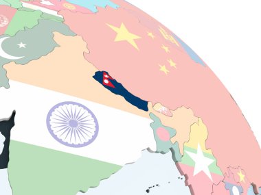 Nepal katıştırılmış bayrak ile parlak siyasi dünya üzerinde. 3D çizim.