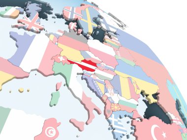 Avusturya katıştırılmış bayrak ile parlak siyasi dünya üzerinde. 3D çizim.