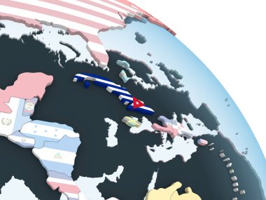 Küba katıştırılmış bayrak ile parlak siyasi dünya üzerinde. 3D çizim.