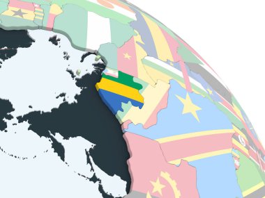 Gabon katıştırılmış bayrak ile parlak siyasi dünya üzerinde. 3D çizim.