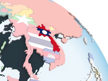 Laos katıştırılmış bayrak ile parlak siyasi dünya üzerinde. 3D çizim.