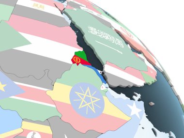 Eritre katıştırılmış bayrak ile parlak siyasi dünya üzerinde. 3D çizim.
