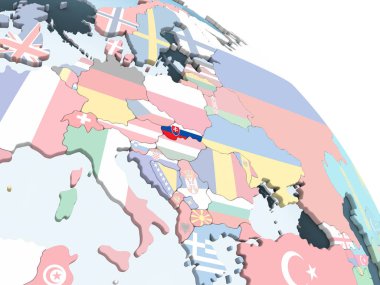 Slovakya katıştırılmış bayrak ile parlak siyasi dünya üzerinde. 3D çizim.