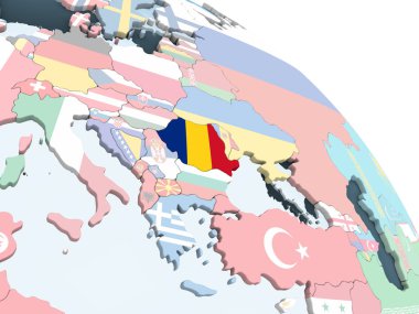 Romanya katıştırılmış bayrak ile parlak siyasi dünya üzerinde. 3D çizim.