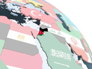 Jordan katıştırılmış bayrak ile parlak siyasi dünya üzerinde. 3D çizim.