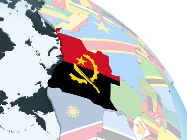 Angola katıştırılmış bayrak ile parlak siyasi dünya üzerinde. 3D çizim.