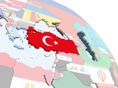 Türkiye katıştırılmış bayrak ile parlak siyasi dünya üzerinde. 3D çizim.