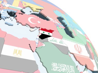 Suriye katıştırılmış bayrak ile parlak siyasi dünya üzerinde. 3D çizim.