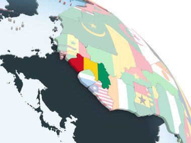 Gine katıştırılmış bayrak ile parlak siyasi dünya üzerinde. 3D çizim.