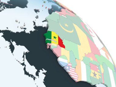 Senegal katıştırılmış bayrak ile parlak siyasi dünya üzerinde. 3D çizim.