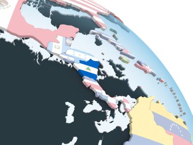 Nikaragua katıştırılmış bayrak ile parlak siyasi dünya üzerinde. 3D çizim.