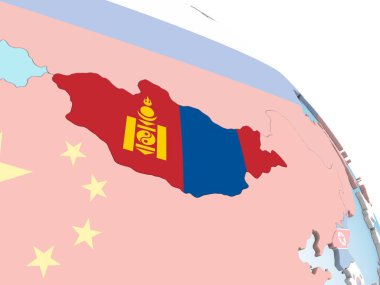 Moğolistan katıştırılmış bayrak ile parlak siyasi dünya üzerinde. 3D çizim.