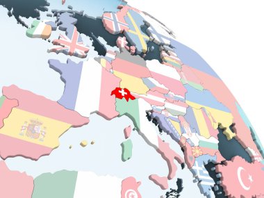 İsviçre katıştırılmış bayrak ile parlak siyasi dünya üzerinde. 3D çizim.