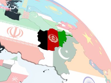 Afganistan katıştırılmış bayrak ile parlak siyasi dünya üzerinde. 3D çizim.