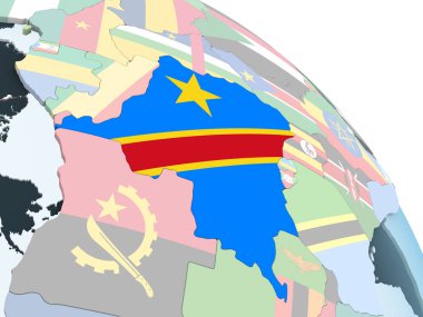 Demokratik Kongo Cumhuriyeti katıştırılmış bayrak ile parlak siyasi dünya üzerinde. 3D çizim.