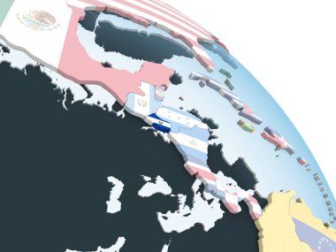 El Salvador katıştırılmış bayrak ile parlak siyasi dünya üzerinde. 3D çizim.