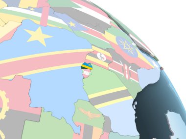 Ruanda katıştırılmış bayrak ile parlak siyasi dünya üzerinde. 3D çizim.