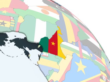 Kamerun katıştırılmış bayrak ile parlak siyasi dünya üzerinde. 3D çizim.