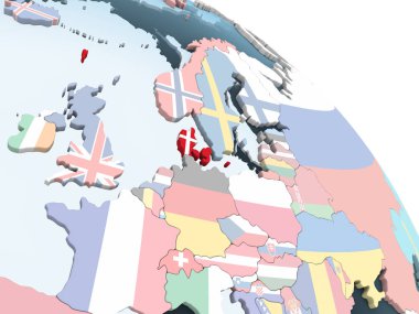 Danimarka katıştırılmış bayrak ile parlak siyasi dünya üzerinde. 3D çizim.